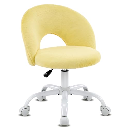 VINGLI Small Vanity Chair with Faux Fur Wheels for Girls,Cute Adjustable Height Armless Office Desk Chair,360°Swivel Comfy Rolling for Study,Make up Room,Small Space,Yellow - color: Furry Yellow