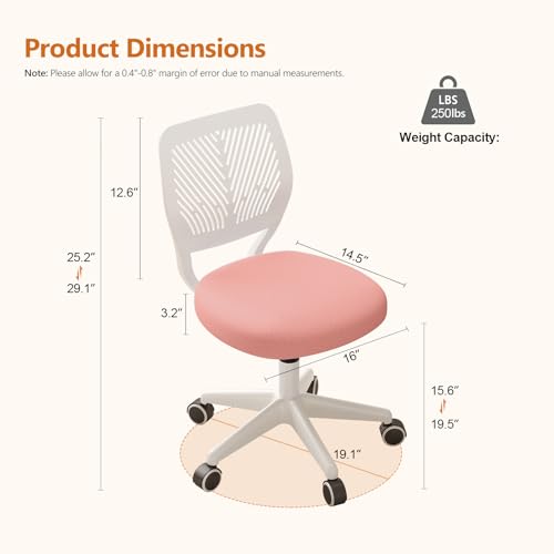 JPBSTO Armless Desk Chair, Height Adjustable Swivel Office Rolling Task Chairs with Soft Mesh Padded Cushion, Ergonomic Small Study Computer Chair for Girls Boys Teens (Pink, 2PCS) - color: Pink 2pcs