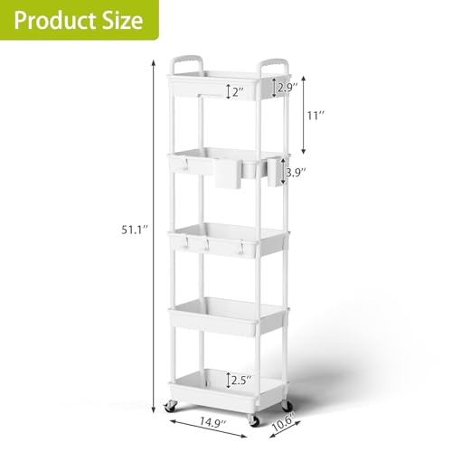 Sorgion 5 Tier Rolling Cart Organizer,Bathroom Cart Organizers with Wheels Laundry Room Organization Mobile Shelving Unit Utility Cart Storage Shelves Multi-Functional for Office, Home(White) - size: 5Tier-White