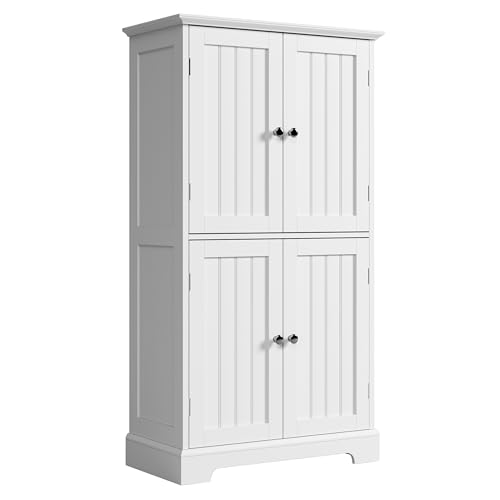 ChooChoo Bathroom Floor Cabinet with Adjustable Shelves | Bathroom Storage Cabinet, 4 Doors, Freestanding Cupboard for Living Room, Kitchen Pantry, White - color: White, size: 14.17"D x 25.59"W x 43.31"H