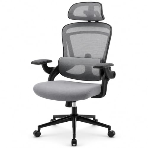 Ergonomic Office Chair, Home Office Desk Chairs with Adjustable Lumbar Support and Headrest, High Back Mesh Computer Desk Chair with 3D Flip-up Armrests & 360° Swivel Wheels, 275 LBS - color: Grey With Lumbar Support