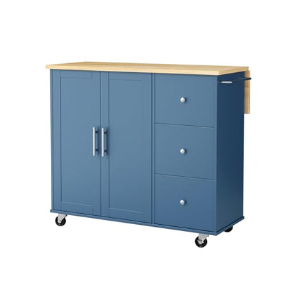QAQA 40" Kitchen Island Cart Furniture cart on Wheels Rolling Portable Dining Room Serving Utility Carts Mobile Movable with Drawers Cabinet,Blue - color: Blue, size: 40-IN