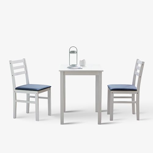 Seattle 3-Piece Wooden Dining Table Set for 2, Modern Farmhouse Kitchen Dining Room Set with Solid Wood Ladder Back Chairs for Small Space (White) - color: White