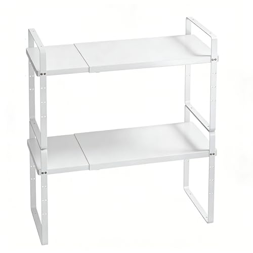 Expandable Cabinet Shelf Organizer, Stackable Kitchen Pantry Counter Storage, Adjustable Closet Cupboard Stand Rack Risers Spice Organization 80LBS Heavy Duty White Large 2 Pack - color: White Large