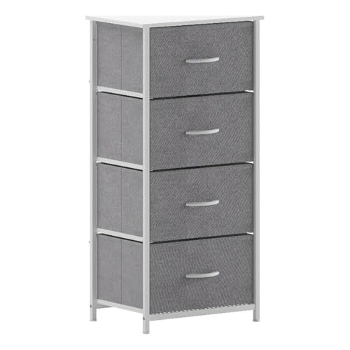 Pemberly Row Contemporary 4 Drawer Dresser, 17.75" W x 12.5" D x 37.25" H, Cast Iron Frame with White Wood Top, Gray Non-Woven Fabric Drawers, Adjustable Floor Glides, Vertical Storage Organizer for