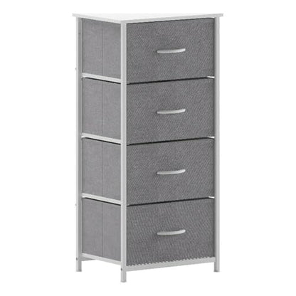 Pemberly Row Contemporary 4 Drawer Dresser, 17.75" W x 12.5" D x 37.25" H, Cast Iron Frame with White Wood Top, Gray Non-Woven Fabric Drawers, Adjustable Floor Glides, Vertical Storage Organizer for