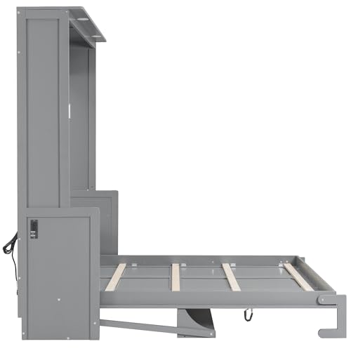 SOFTSEA Queen Size Murphy Wall Bed Frame with Desk, LED Lights, Grey | Space-Saving Vertical Murphy Bed Cabinet with Desk, LED Lights, Charging Station, Hidden Wall Bed for Small Spaces - color: Grey