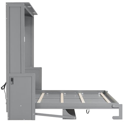SOFTSEA Queen Size Murphy Wall Bed Frame with Desk, LED Lights, Grey | Space-Saving Vertical Murphy Bed Cabinet with Desk, LED Lights, Charging Station, Hidden Wall Bed for Small Spaces - color: Grey