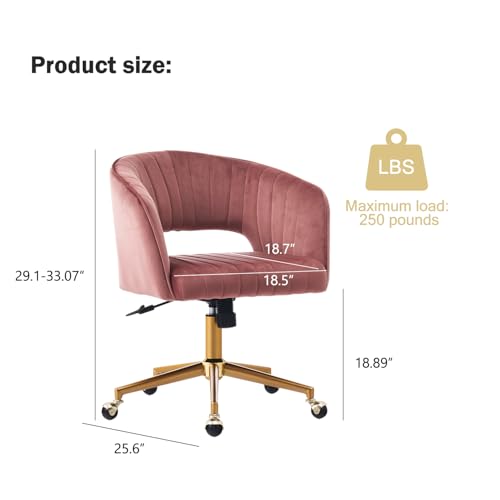 Velvet Home Office & Living Room Desk Chairs with Adjustable Swivel Wheels, Ergonomic Upholstered Office Chair for Bedroom, Vanity Study (Rose) - color: Rose