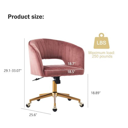 Velvet Home Office & Living Room Desk Chairs with Adjustable Swivel Wheels, Ergonomic Upholstered Office Chair for Bedroom, Vanity Study (Rose) - color: Rose