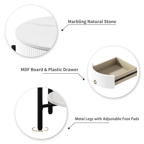 OIOG 2 Tier Nightstand, Bedside Table with Drawer, Sintered Stone/White | Round End Table, Modern Side Table, Drawer, Shelf, Metal Legs, Marbling Natural Stone, Living Room, Bedroom, Dorm, Office - color: White