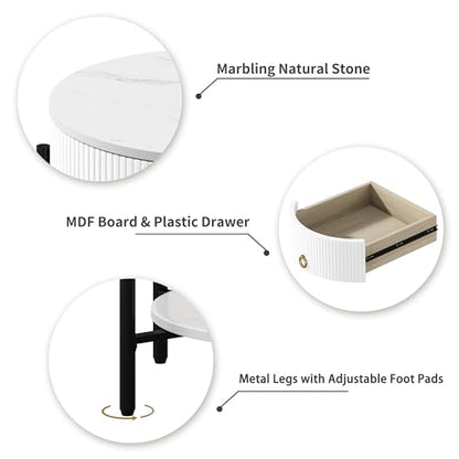 OIOG 2 Tier Nightstand, Bedside Table with Drawer, Sintered Stone/White | Round End Table, Modern Side Table, Drawer, Shelf, Metal Legs, Marbling Natural Stone, Living Room, Bedroom, Dorm, Office - color: White