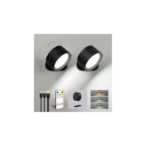 LED Wall Mounted Lights, Rechargeable Wall Sconces, 3 Color Temps, Remote & Touch, 360° Rotating and Dimmable for Bedroom, Bedside & Reading (Black, 2 Pack) - color: Black