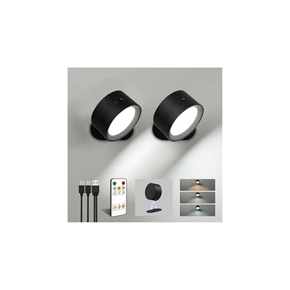 LED Wall Mounted Lights, Rechargeable Wall Sconces, 3 Color Temps, Remote & Touch, 360° Rotating and Dimmable for Bedroom, Bedside & Reading (Black, 2 Pack) - color: Black