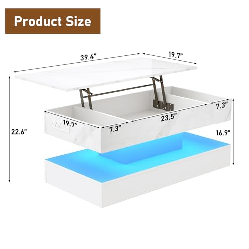 chartustriable 39.4" Large Lift Top Coffee Table, Modern LED High Glossy Coffee Table with Storage for Living Room, Lift Up Living Room Center Tables with Charging Station, LED Lights, White - color: White, size: 39.4"