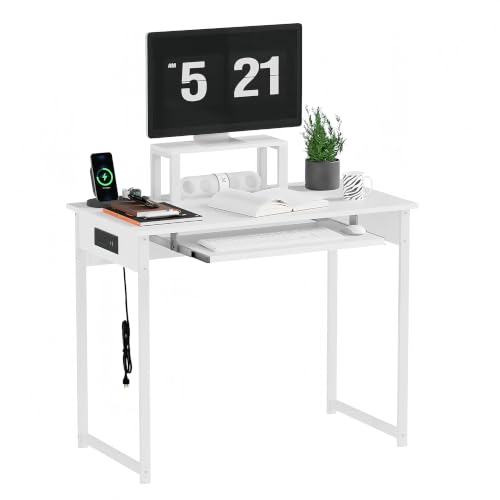 ALISENED Computer Desk with Keyboard Tray and Monitor Stand, 37.5 Inch Small Desk with Power Outlets & USB Ports for Bedroom Home Office, Compact Gaming Desk Shelf, White (White, 37.5") - color: White, size: 37.5"