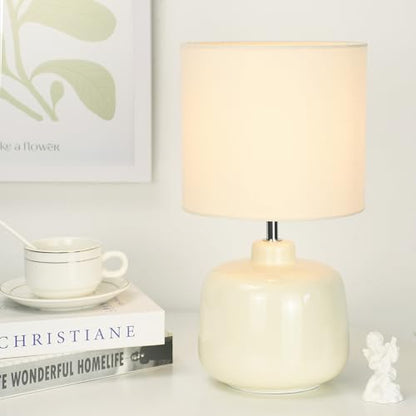 LAMPWELLOSLO Small Ceramic Table Lamp for Living Room and Bedroom,Modern Kids Night Table Lamp,Φ7.09×H13.39IN,Bulb Excluded,Cream - color: Cream