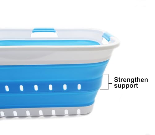SAMMART 42L (11 gallon) Collapsible Plastic Laundry Basket - Foldable Pop Up Storage Container/Organizer - Portable Basket - Space Saving Hamper/Basket (2, White/Marine Blue) - color: White/Marine Blue