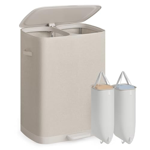 SONGMICS Laundry Basket with Lid, 42.2 Gallons, 2-Compartment Laundry Hamper with Handle and Pedal, Removable Liner, Easy Assembly, 22 x 18.5 x 29.5 Inches, Cappuccino Beige ULCB832L101 - color: Cappuccino Beige