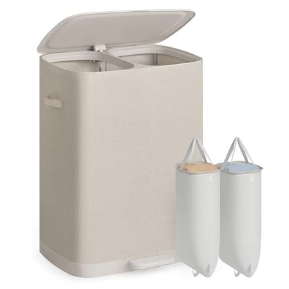 SONGMICS Laundry Basket with Lid, 42.2 Gallons, 2-Compartment Laundry Hamper with Handle and Pedal, Removable Liner, Easy Assembly, 22 x 18.5 x 29.5 Inches, Cappuccino Beige ULCB832L101 - color: Cappuccino Beige