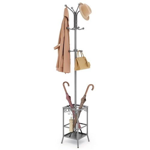 Hoctieon Coat Rack Freestanding, Coat Tree with Umbrella Holder | Metal Coat Rack Stand with 12 Hooks, Standing Coat Hanger Stand, Umbrella Stand for Entryway, Hat Rack Stand for Home Office - color: Gray