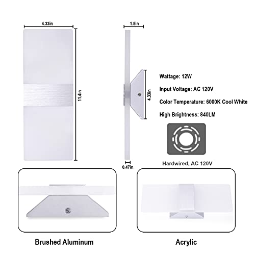 TRLIFE Modern Wall Sconces, Dimmable Wall Sconces Set of 2 Wall Mounted Lights 12W 6000K Cool White Hardwired Wall Sconce Lighting for Bedroom Bedside Living Room Stairway Hotel(2 Pack) - color: Cool White, size: Silver Brushed Aluminum