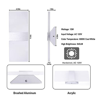TRLIFE Modern Wall Sconces, Dimmable Wall Sconces Set of 2 Wall Mounted Lights 12W 6000K Cool White Hardwired Wall Sconce Lighting for Bedroom Bedside Living Room Stairway Hotel(2 Pack) - color: Cool White, size: Silver Brushed Aluminum