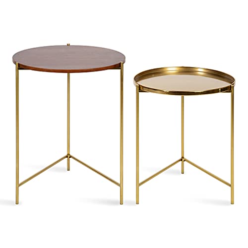 Kate and Laurel Ulani Modern Nesting Side Table, Set of 2, Walnut Brown Wood and Gold Metal, Glamorous End Tables for Storage and Display - color: Walnut Brown/Gold