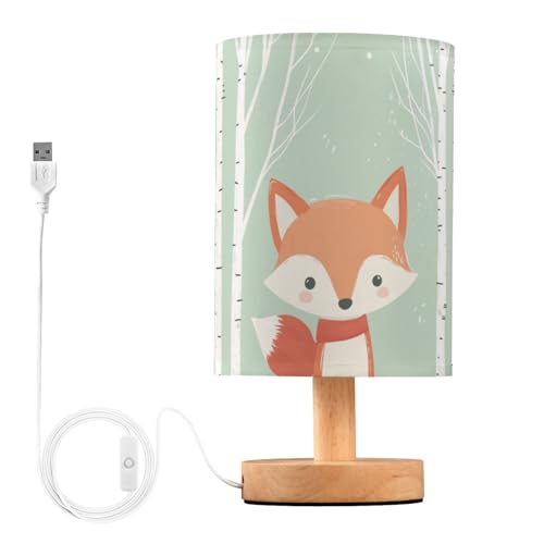 Fustylead Cute Fox in Forest Cartoon Animal Bedside Table Lamps with USB Port for Bedroom LampSmall Nightstand Lamp Sturdy Linen Shade Wooden Base Decorative Lamps for Nursery Kids Reading Dorm Home - color: Cute Fox