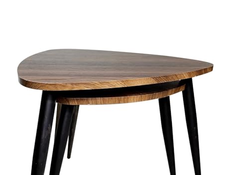 Penau Contemporary Nesting Tables 2pc Set, Metal Frame with Solid Wood Tops, Space Saving Stacking Design, Natural and Black Finish, 15.5 x 15.5 x 15.5 Inchs