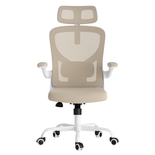 Office Desk Chair Computer High Back Mesh Gaming Seat with Ergonomic Adjustable Comfy Flip-up Armrests Lumbar Support Height for Home Office (Khaki) - color: Khaki