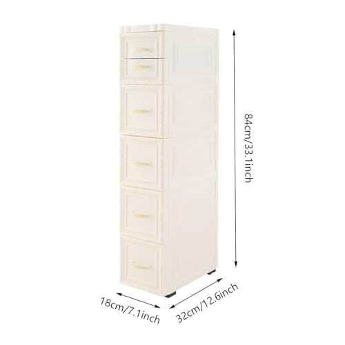 5-Tier Plastic Drawers Storage Dresser, 33"H Narrow Slim Storage Organizer Vertical Drawer Unit, Rolling Thin Storage Tower with Wheels for Small Spaces Gaps Home Furniture (White) - color: White