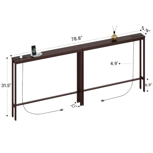 ELYKEN 2 Pack Bamboo Console Table, 5.9'' Narrow Sofa Table Behind Couch | Slim Skinny Hallway Table with Charging Station for Entryway, Living Room, Foyer, Entrance, 5.9 x 39.4 x 31.5in, Brown - color: Brown, size: 5.9"D x 78.8"W x 31.5"H