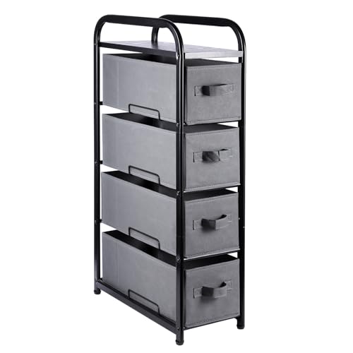 MAX Houser 4 Drawer Narrow Dresser Fabric Storage Tower Vertical Slim Storage Chest Organizer Nightstand Side/End Table Small Standing Organizer Removable Drawers Wood Top for Bedroom, Bathroom（Grey - color: Grey2