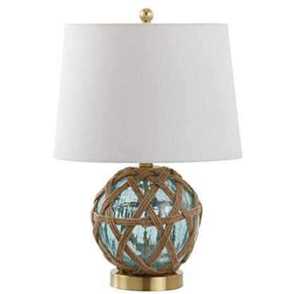 JONATHAN Y Andrews Table Lamp 21.5" Nautical Glass and Rope, Brown/Aqua | Coastal Transitional Bedside Light, White Linen Drum Shade, Brass Gold Metal Base, Rotary Switch, LED Bulb Included