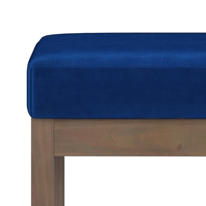 SIMPLIHOME Milltown 27" Wide Velvet Rectangle Ottoman in Blue | Blue, contemporary velvet ottoman with a cushioned seat for extra seating in the bedroom; footstool, footrest or pouf. - color: Blue, style: Small Ottoman Bench