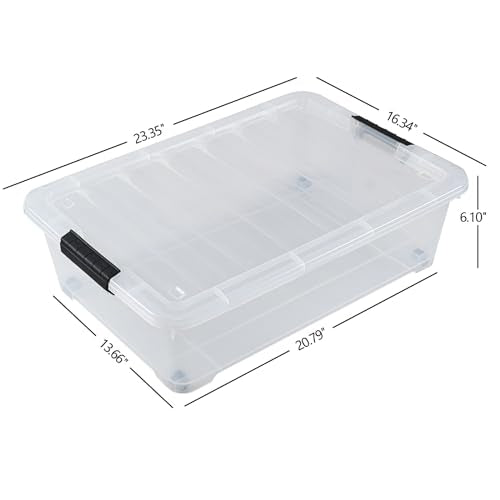 25 L Clear Plastic Flat Storage Bins Under Bed with Lids, 4 Pack | Latch Bin, With Wheels