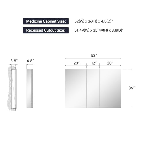 52"x36" Medicine Cabinet with Mirror & Soft Close Hinges, Surface Mount or Recessed Medicine Cabinet with Adjustable Shelves, Bathroom Wall Medicine Cabinet with Storage, Aluminum Alloy Frame, Combo - size: 52" x 36"