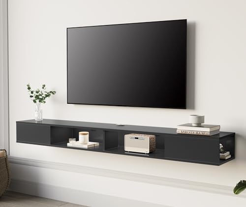 WAMPAT 70 inch Floating Entertainment Center, Black | For TVs Up to 75 inch, Open shelf Storage, Wall Shelf Under TV, Media Console, Living Room - color: Black