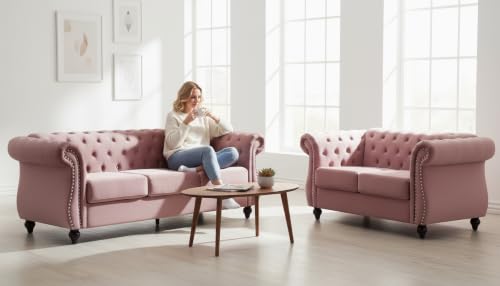 GDFStudio 82.6" Chesterfield Sofa Set, Modern Velvet Upholstered Sofa Set, Comfy 3 Seat Couch with Loveseat for Living Room Apartment, Button Tufted Rolled Arms Solid Wood Legs Spring Cushion, Black - color: Rose, size: 3+2 Seat