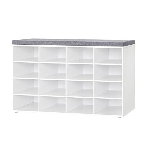 Shoe Storage Bench with Cushion, 16-Cubby Shoe Rack with Seat | 40.9"L Entryway Shoe Organizer Bench, Adjustable Shelves for Boots, Removable Washable Cushion, Closet/Hallway/Bedroom, White - color: White, size: 16 Cubby