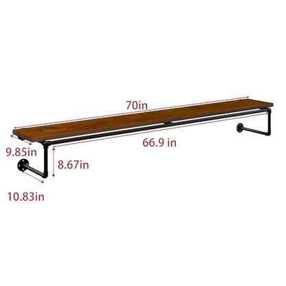 Clothes Rack 70in, Wall Mounted Garment Racks with Walnut Solid Wood Shelf, Heavy Duty Hanging Clothes Rack, Multi-Purpose Hanging Rod, Space-Saving Closet Storage - color: Walnut, size: 1T70IN