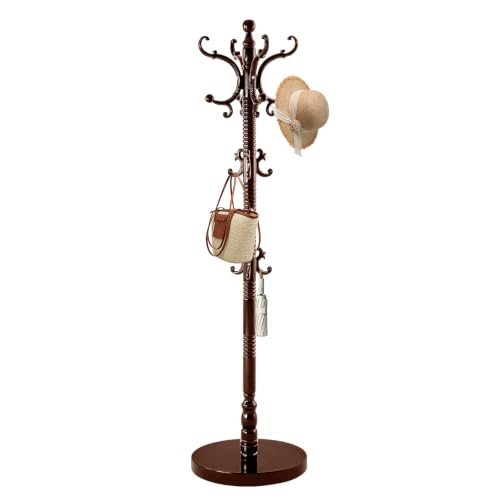 Wooden Coat Rack, Vintage Solid Wood Coat Rack Stand with 14 Hooks | Classic Wood Coat Racks, Clothes Tree Stand, Heavy Duty Standing Coat Jacket Hanger Stand for Corner, Office, Entryway - color: Black Red
