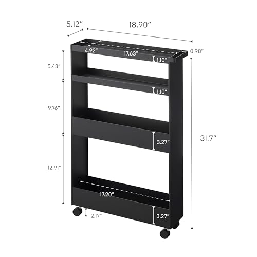YAMAZAKI Home Tower Slim 4-Tier Rolling Storage Cart – Mobile Organizer for Kitchen Or Bathroom, 31.7" - Steel -