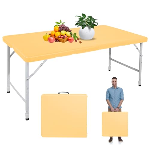 Portable 4Ft Folding Table, Heavy Duty Plastic Fold-in-Half Utility Foldable Table, Adjustable Height Plastic Folding Table with Carrying Handle for Camping &Party Indoor/Outdoor(Light Yellow) - color: Light Yellow, size: 4Ft