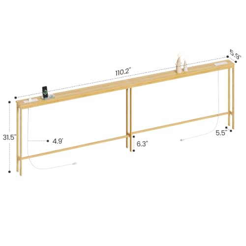ELYKEN Bamboo 110.2'' Narrow Console Table, Long Sofa Table Behind Couch | Slim Entryway with Outlet, Skinny Hallway Table with Charging Station for Living Room, Foyer, Entrance, Natural - color: Natural, size: 5.9"D x 110.2"W x 31.5"H
