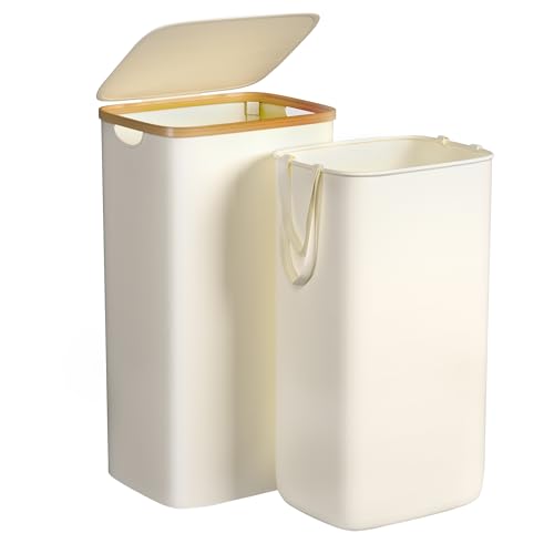 Foluck Large Laundry Hamper, 100L Waterproof Laundry Basket with Lid and Removable Bag, Collapsible Tall Clothes Hamper with Bamboo Handles for Clothes Toys in Dorm Bedroom Bathroom, Beige, ZYL101-W - color: Beige, size: 100L
