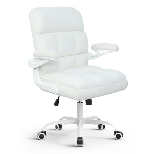 Office Chair with Wheels, Home Office Computer Chair with Flip-up Armrest, Comfy Desk Chair Teddy Fleece, Beige - color: Light Beige