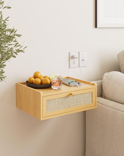 Floating Nightstand,Wall Mounted Night Stand with Drawer,Small Floating Shelves,Floating Wood Bedside Table for Bedroom、Living Room、Bathroom - color: Yellow, style: Bohemian