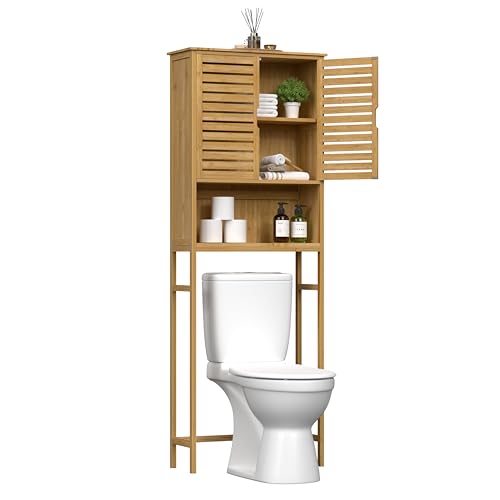 Yardenaler Over-The-Toilet Storage Shelf with Doors, Bathroom Freestanding Bamboo Organizer Space Saver with Adjustable Shelf, Natural - color: Natural